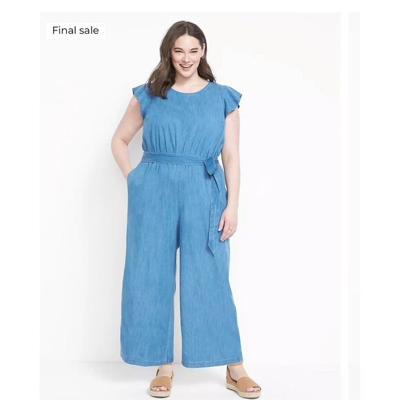 Lane Bryant Size 14 Denim Jumpsuit Belted With Flutter Sleeves Wide Leg - Picture 1 of 14